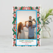 Botanische Rode & Groene Folk Art Bloemen Kerstmis Feestdagenkaart (Staand voorkant)