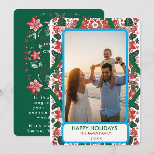 Botanische Rode & Groene Folk Art Bloemen Kerstmis Feestdagenkaart (Voorkant / Achterkant)