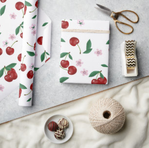 Botanische rode kersen groen & bloesems cadeaupapier