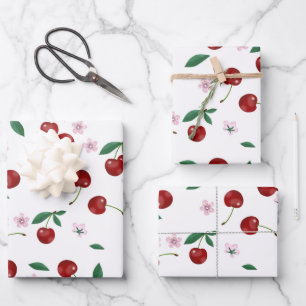 Botanische rode kersen groen & bloesems inpakpapier vel