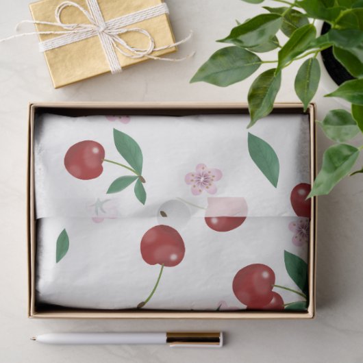 Botanische rode kersen groen & bloesems tissuepapier (Geschenk)