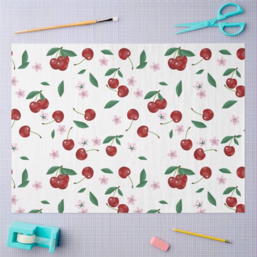 Botanische rode kersen groen & bloesems tissuepapier (Craft)