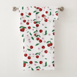 Botanische rode kersen groen & kersenbloesems bad handdoek