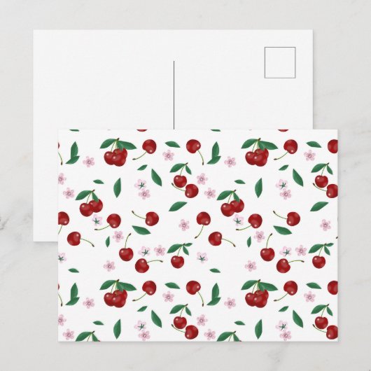 Botanische rode kersen groen & kersenbloesems briefkaart (Voorkant / Achterkant)