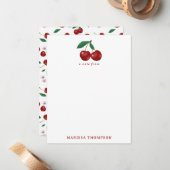 Botanische rode kersen groen & kersenbloesems notitiekaartje (Voorkant / Achterkant in situ)