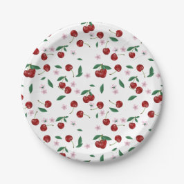 Botanische rode kersen groen & kersenbloesems papieren bordje