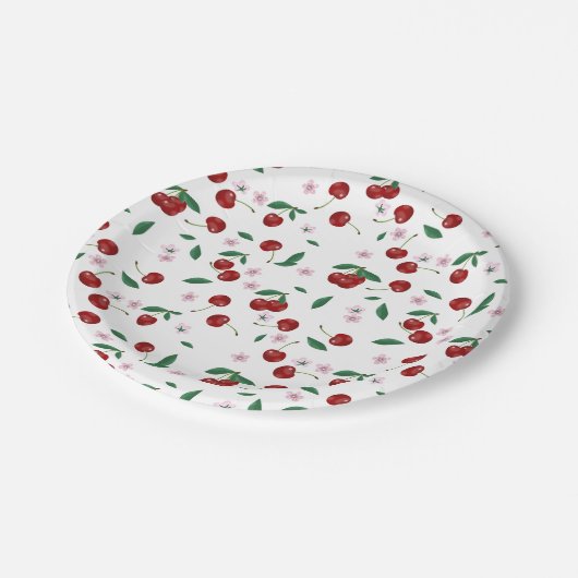 Botanische rode kersen groen & kersenbloesems papieren bordje (Gekanteld)
