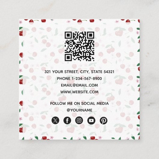 Botanische rode kersen groen & kersenbloesems vierkante visitekaartje (Achterkant)