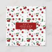 Botanische rode kersen groen & kersenbloesems vierkante visitekaartje (Voorkant)