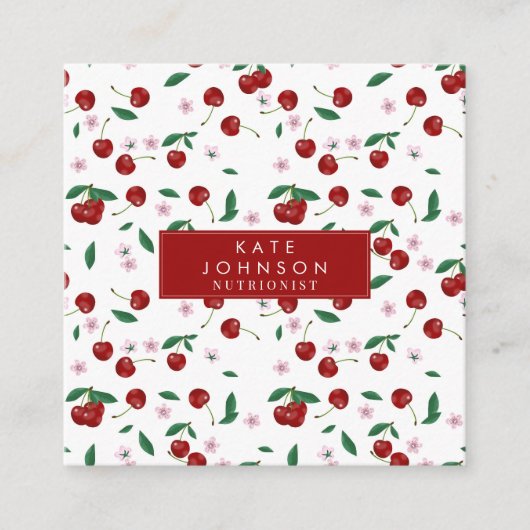 Botanische rode kersen groen & kersenbloesems vierkante visitekaartje (Voorkant)