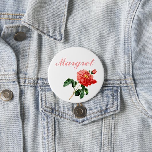  botanische rode rozenbloemen naam pin ronde button 7,6 cm (In situ)