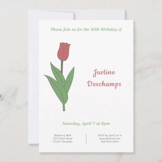 Botanische rode tulp verjaardag uitnodiging (Voorkant)