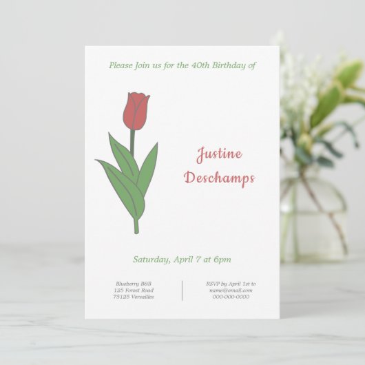 Botanische rode tulp verjaardag uitnodiging (Staand voorkant)