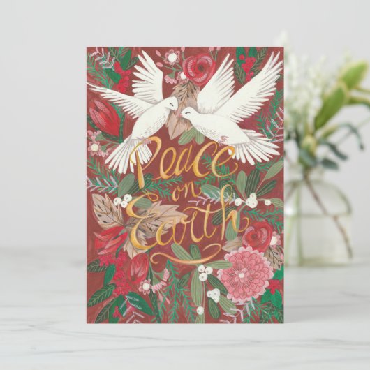 Botanische Rode Vrede op aarde | Duifvogels Feestdagenkaart (Staand voorkant)
