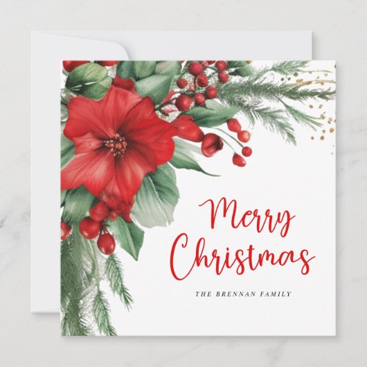 Botanische rode vrolijke kerst feestdagenkaart (Voorkant)