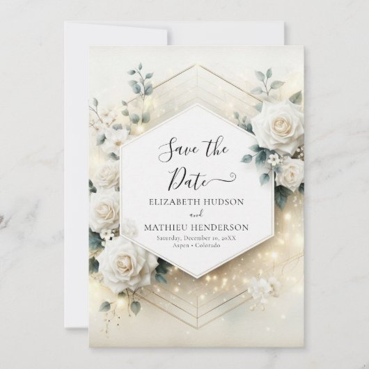 Botanische Romance White Roses Wedding Save The Date (Voorkant)