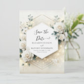 Botanische Romance White Roses Wedding Save The Date (Staand voorkant)