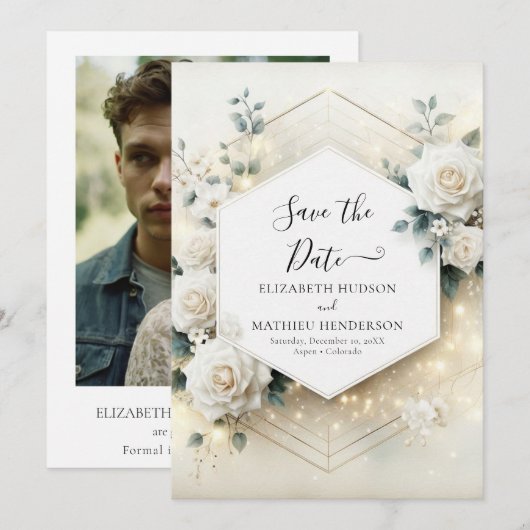 Botanische Romance White Roses Wedding Save The Date (Voorkant / Achterkant)