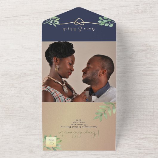 Botanische Roos Gold Navy Fotobruiloft All In One Uitnodiging (Buitenkant)