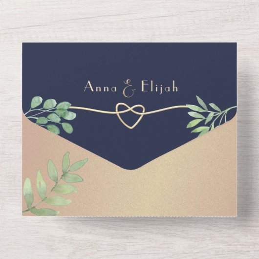 Botanische Roos Gold Navy Fotobruiloft All In One Uitnodiging (Achterkant)