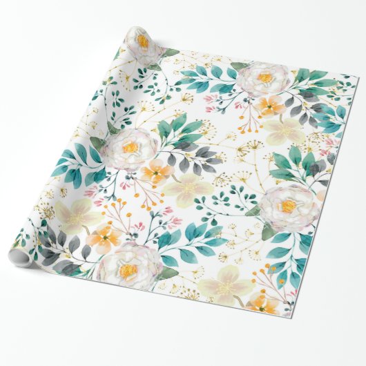 Botanische roze blauwgroen witte sinaasappels bloe cadeaupapier (Uitgerold)