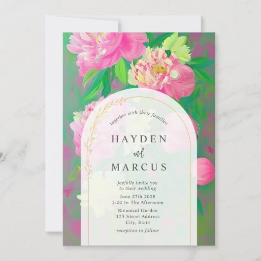 Botanische Roze Bloemen Schilderij Boog Bruiloft Kaart (Voorkant)