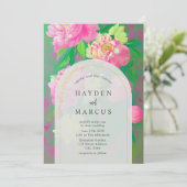 Botanische Roze Bloemen Schilderij Boog Bruiloft Kaart (Staand voorkant)