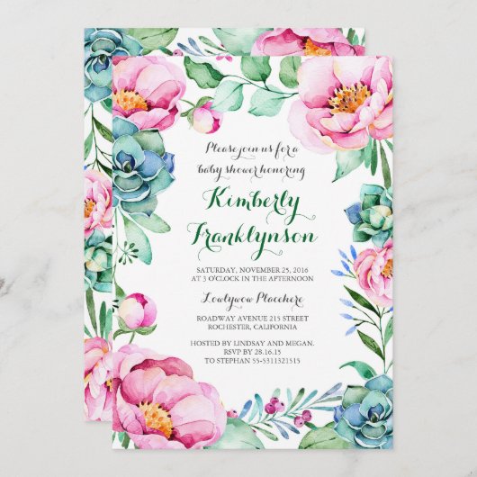 Botanische Roze Bloemen Waterverf Baby shower Kaart (Voorkant / Achterkant)