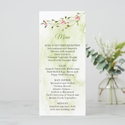 Botanische Roze Bloemen Waterverf Wash Menu (Staand voorkant)