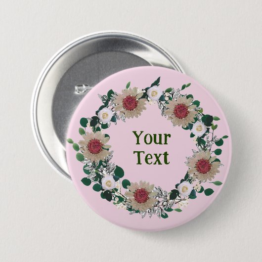 "Botanische roze bloemenkrans revers accent Ronde Button 7,6 Cm (Voorkant /achterkant)