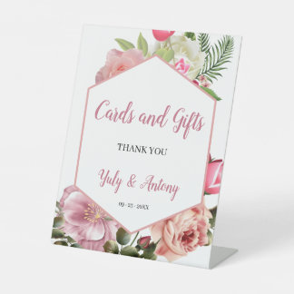 Botanische Roze Bloemige Zeshoekige Kaarten en Cad Reclamebord Met Voetstuk