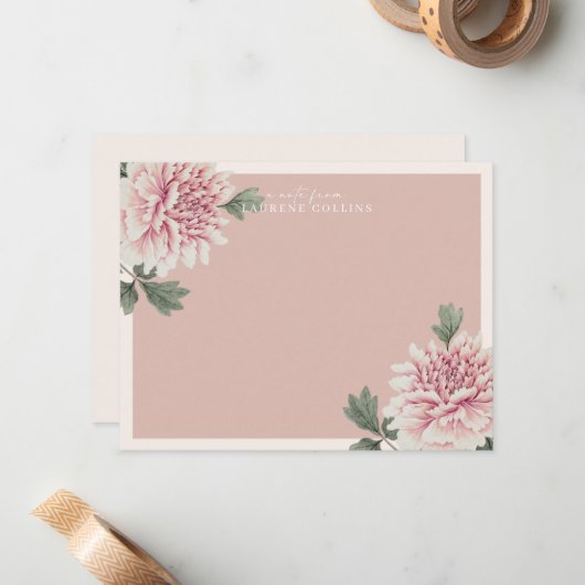  Botanische Roze Bloemnotitie Kaart Notitiekaartje (Voorkant / Achterkant in situ)