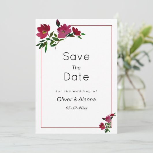 Botanische roze bordeauxrode bloem Save The Date Kaart (Staand voorkant)