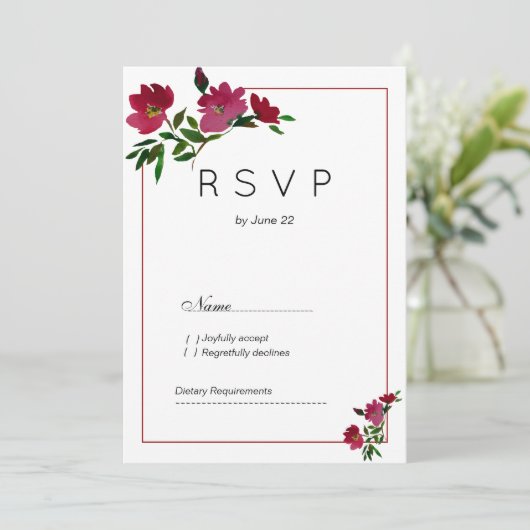 Botanische roze bordeauxrode bloemen RSVP Kaart (Staand voorkant)