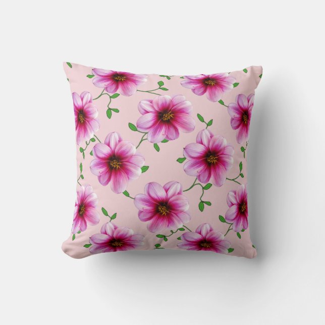 Botanische Roze Dahlia Bloem op elke kleur Kussen (Voorkant)