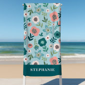 Botanische roze en blauwe lentetuin gepersonalisee strandlaken