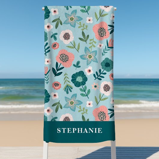 Botanische roze en blauwe lentetuin gepersonalisee strandlaken