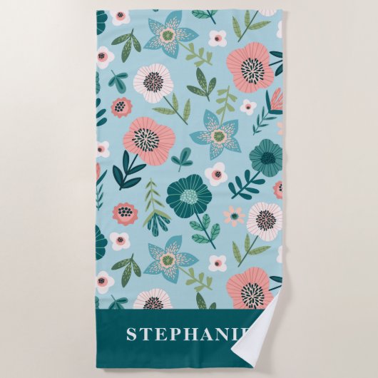 Botanische roze en blauwe lentetuin gepersonalisee strandlaken (Voorkant)