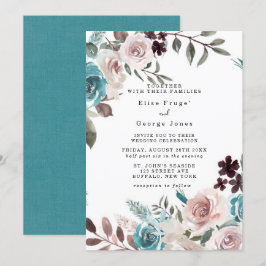 Botanische roze en Blauwgroen Waterverf Peony Wedd Kaart