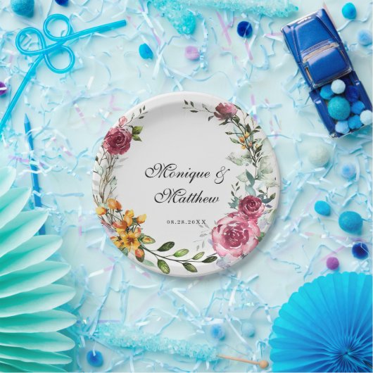 Botanische roze en Bourgogne Floral Wedding Papieren Bordje (Feest)