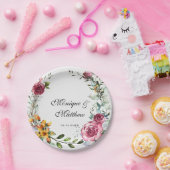 Botanische roze en Bourgogne Floral Wedding Papieren Bordje (Feest)