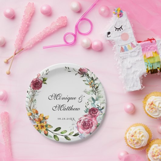 Botanische roze en Bourgogne Floral Wedding Papieren Bordje (Feest)