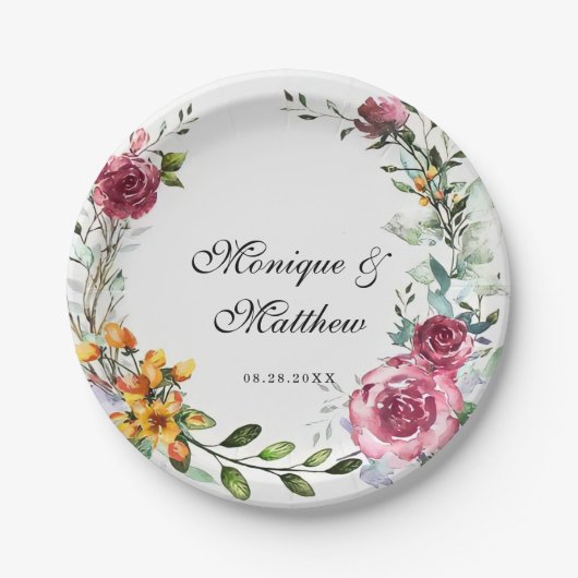 Botanische roze en Bourgogne Floral Wedding Papieren Bordje (Voorkant)