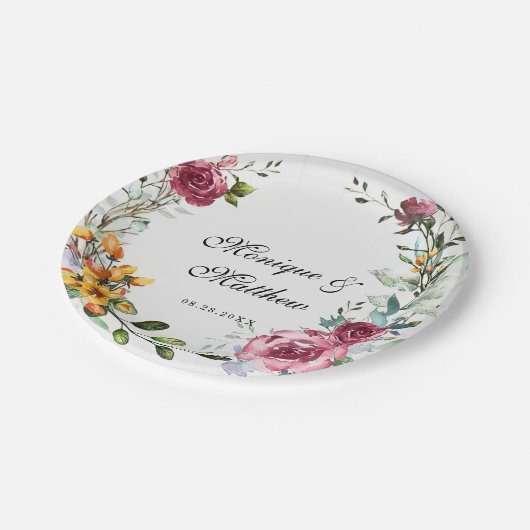 Botanische roze en Bourgogne Floral Wedding Papieren Bordje (Gekanteld)