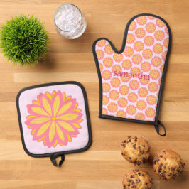 Botanische roze en gele bloem ovenwant & pannenlap set