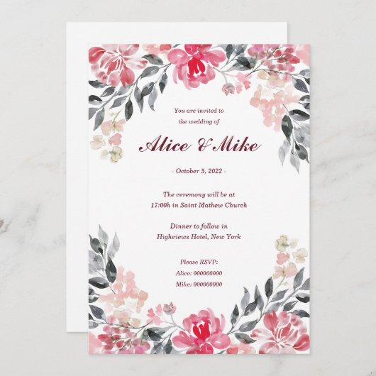 Botanische roze en grijze Waterverf bloemen Kaart (Voorkant / Achterkant)