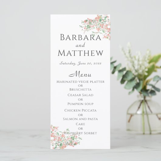 Botanische roze en groene Boho Wedding Menu Kaart (Staand voorkant)