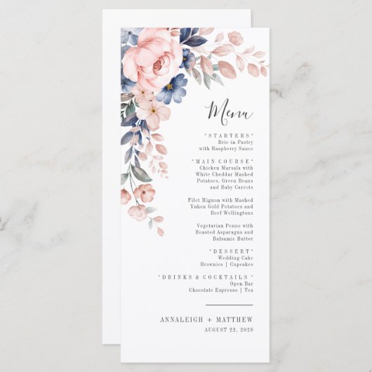 Botanische roze Floral botanische legante bruiloft Menu (Voorkant / Achterkant)