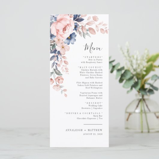 Botanische roze Floral botanische legante bruiloft Menu (Staand voorkant)