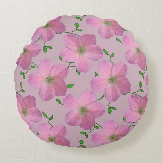 Botanische roze geraniumventiel op elke kleur rond kussen (Voorkant)